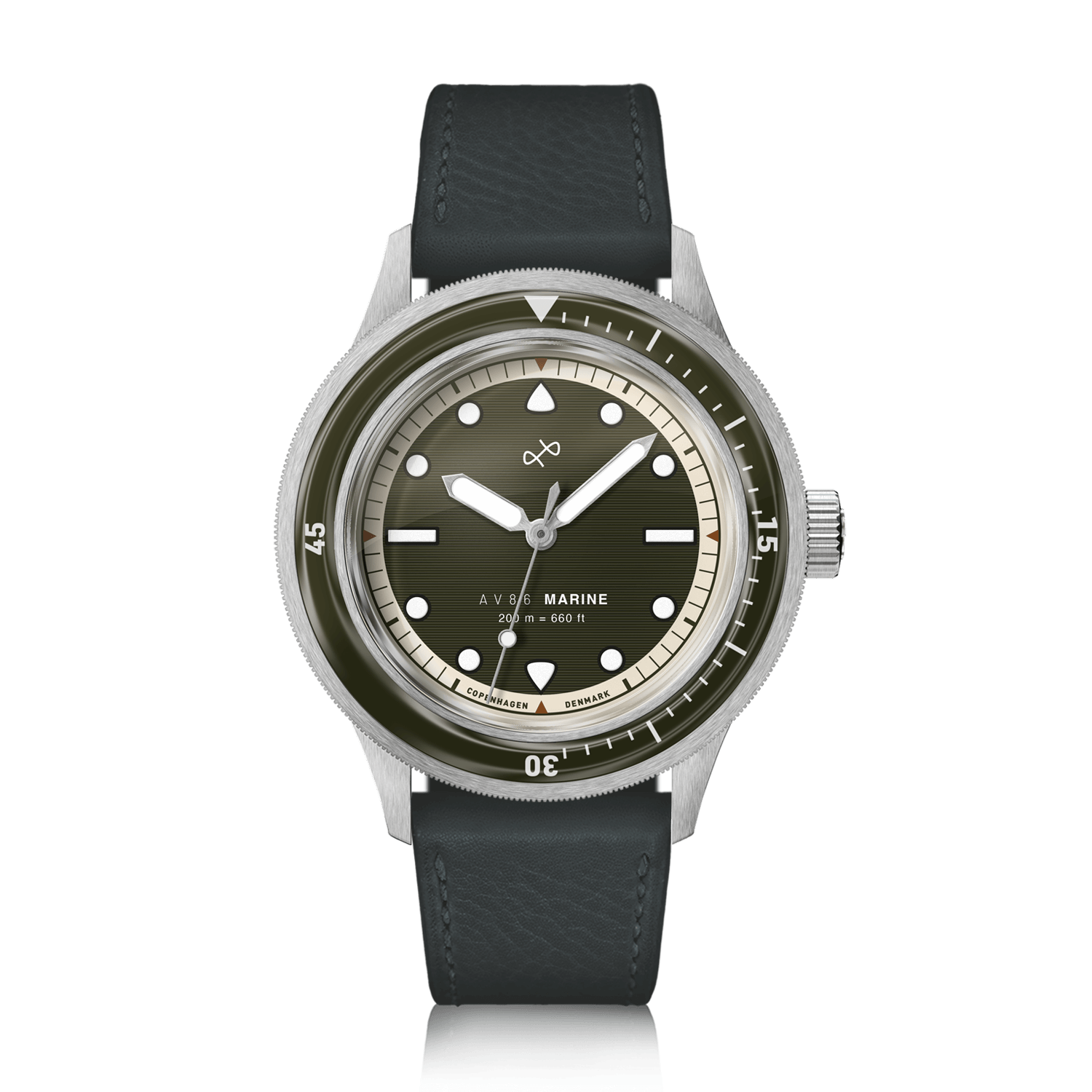 1956 Marine by AV86 vintage-inspired diver with compass bezel, sapphire crystal, and leather strap