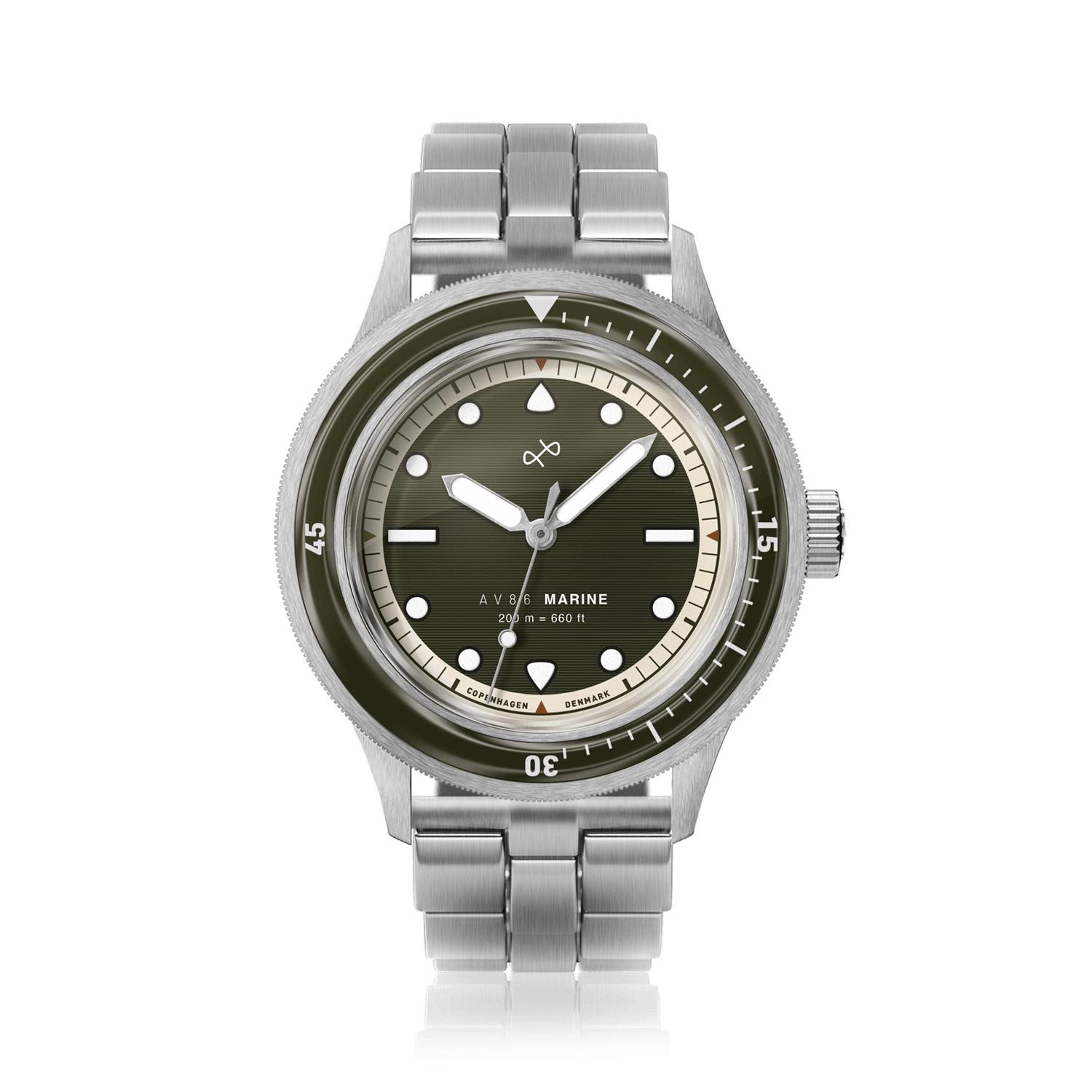 1956 Marine by AV86 vintage-inspired diver watch with sapphire crystal, rotating bezel, and stainless steel bracelet strap