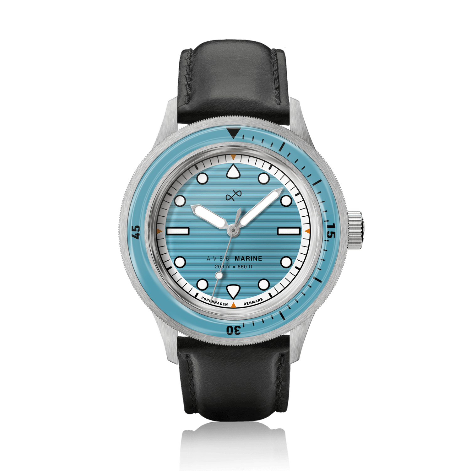1956 Marine by AV86 vintage-inspired diver with sapphire crystal, rotating bezel, light blue dial, and black leather strap