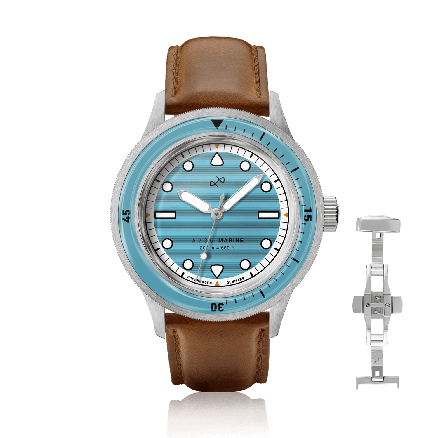 1956 Marine by AV86 vintage-inspired diver with sapphire crystal, rotating bezel, light blue dial, and brown leather strap