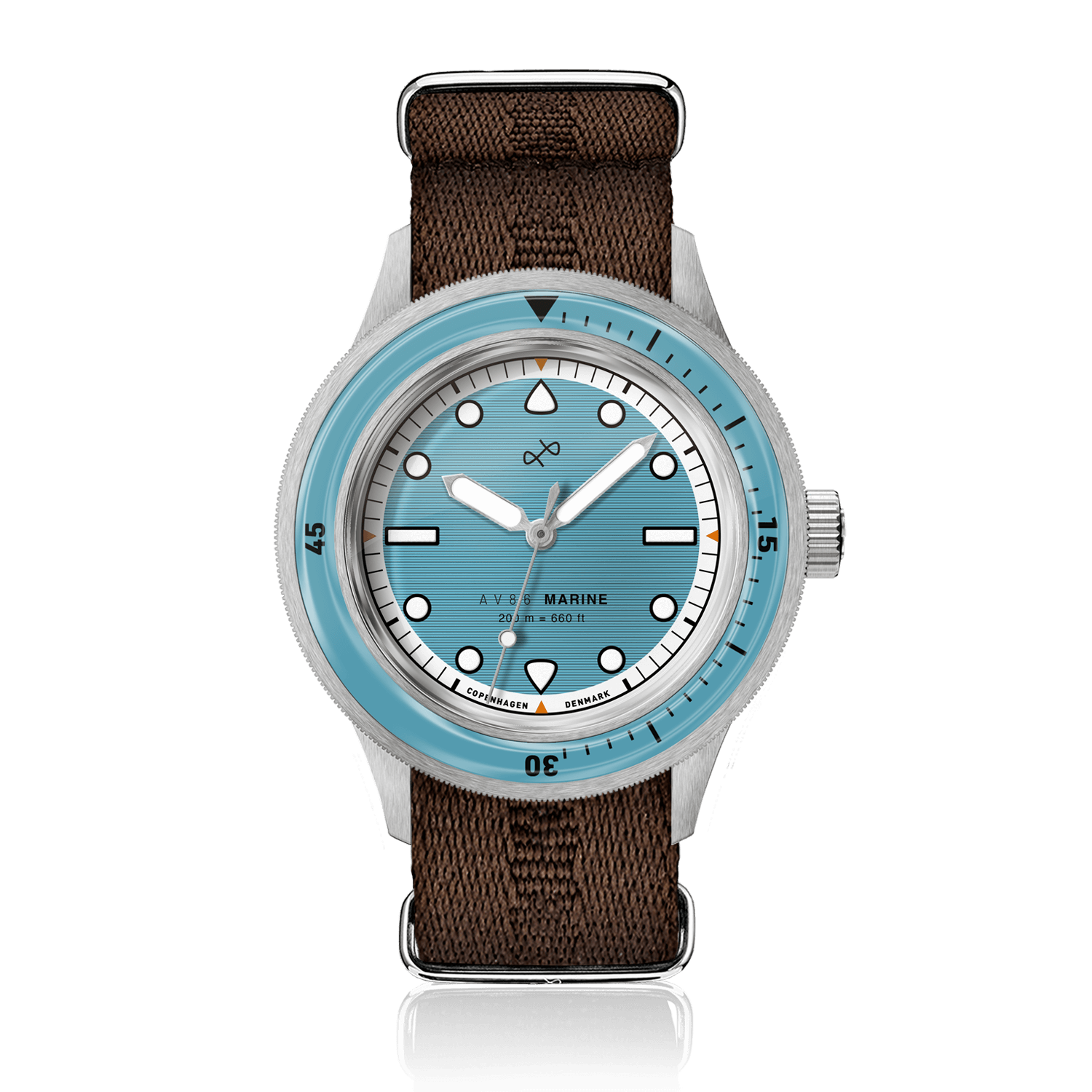 1956 Marine by AV86 vintage-inspired diver with sapphire crystal, rotating bezel, and brown textured fabric strap