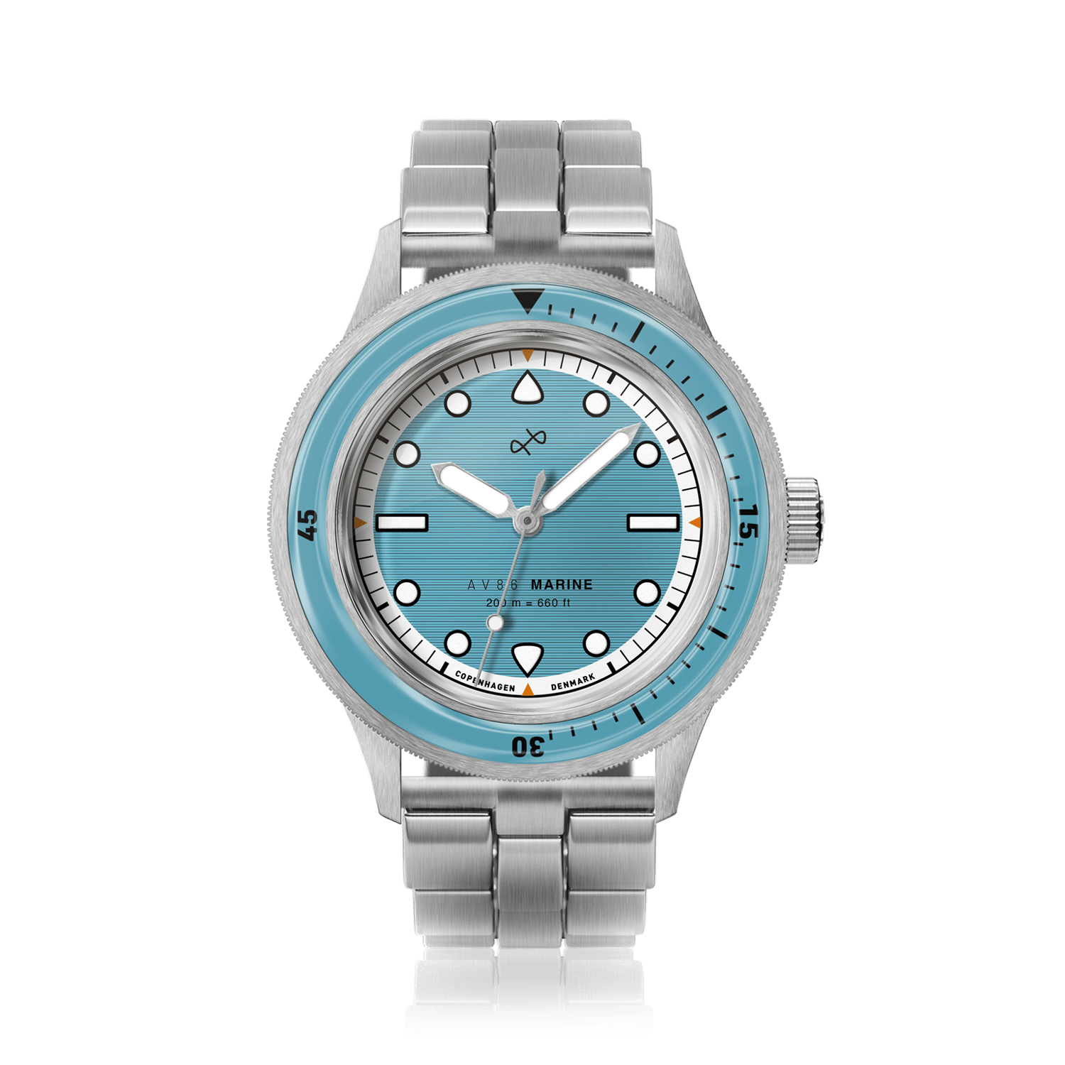 1956 Marine by AV86 vintage-inspired diver with sapphire crystal, rotating bezel, light blue dial, and stainless steel bracelet strap
