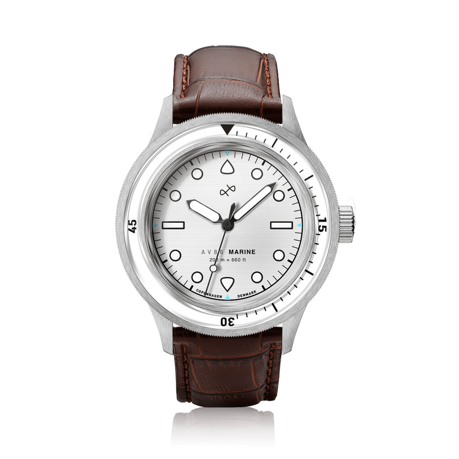 1956 Marine by AV86 luxury diver watch with vintage-inspired dial, sapphire crystal, rotating bezel, and brown leather strap