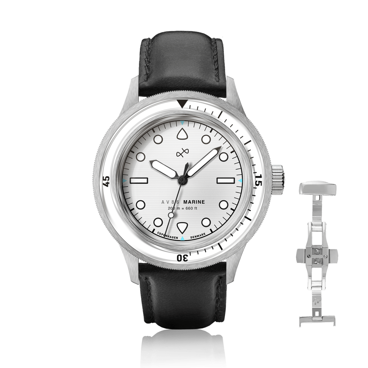 1956 Marine by AV86 vintage-inspired diver watch with sapphire crystal, rotating bezel, black leather strap, and minimalist dial
