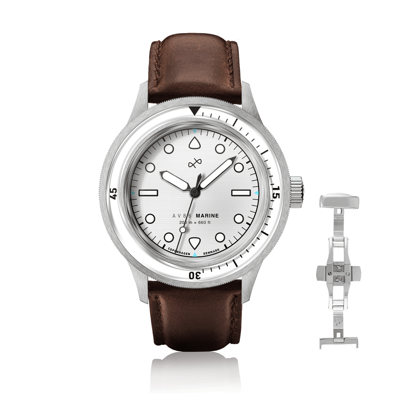 1956 Marine by AV86 vintage-inspired diver with sapphire crystal, rotating bezel, and brown leather strap, Scandinavian design
