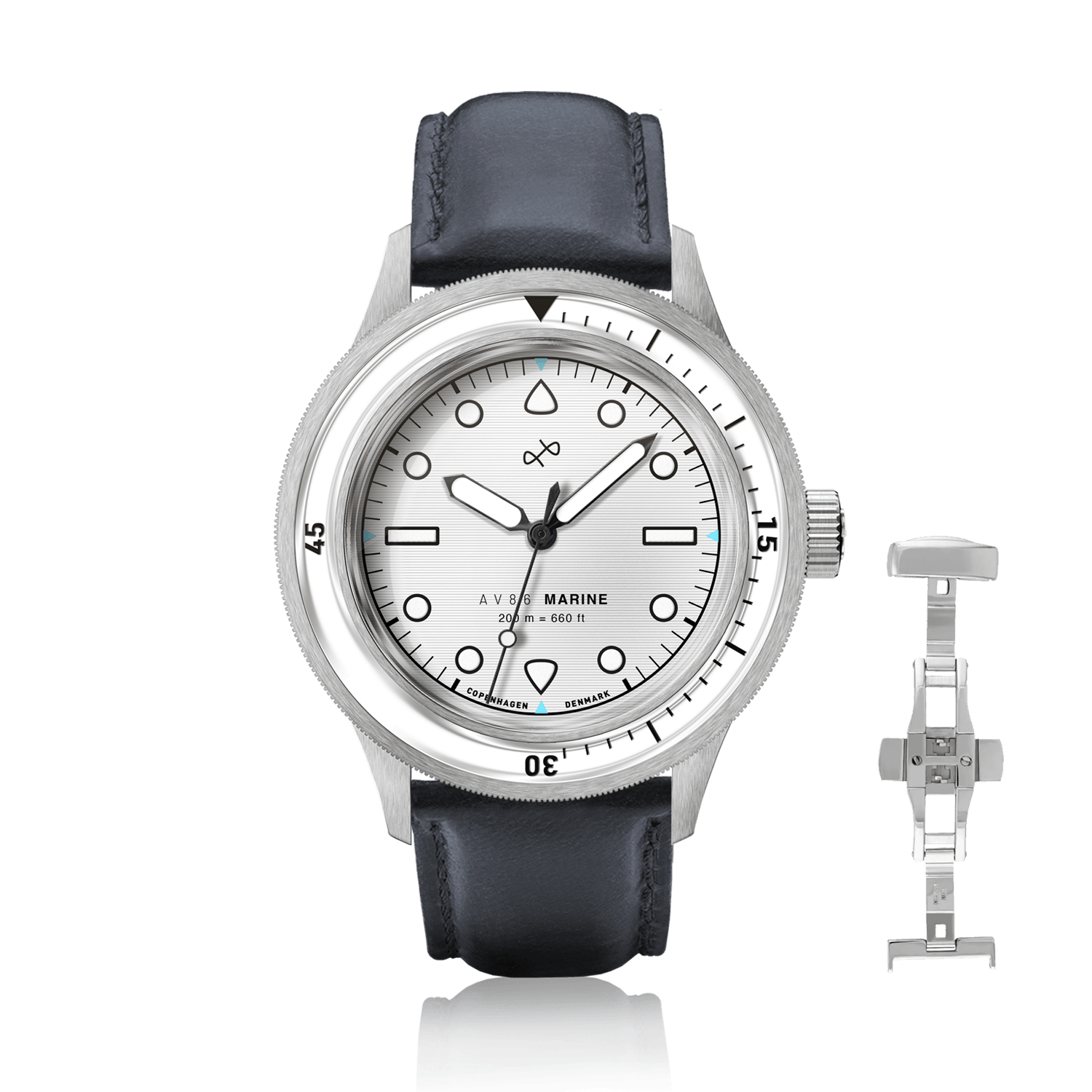 1956 Marine by AV86 vintage-inspired diver watch with sapphire crystal, compass bezel, and black leather strap