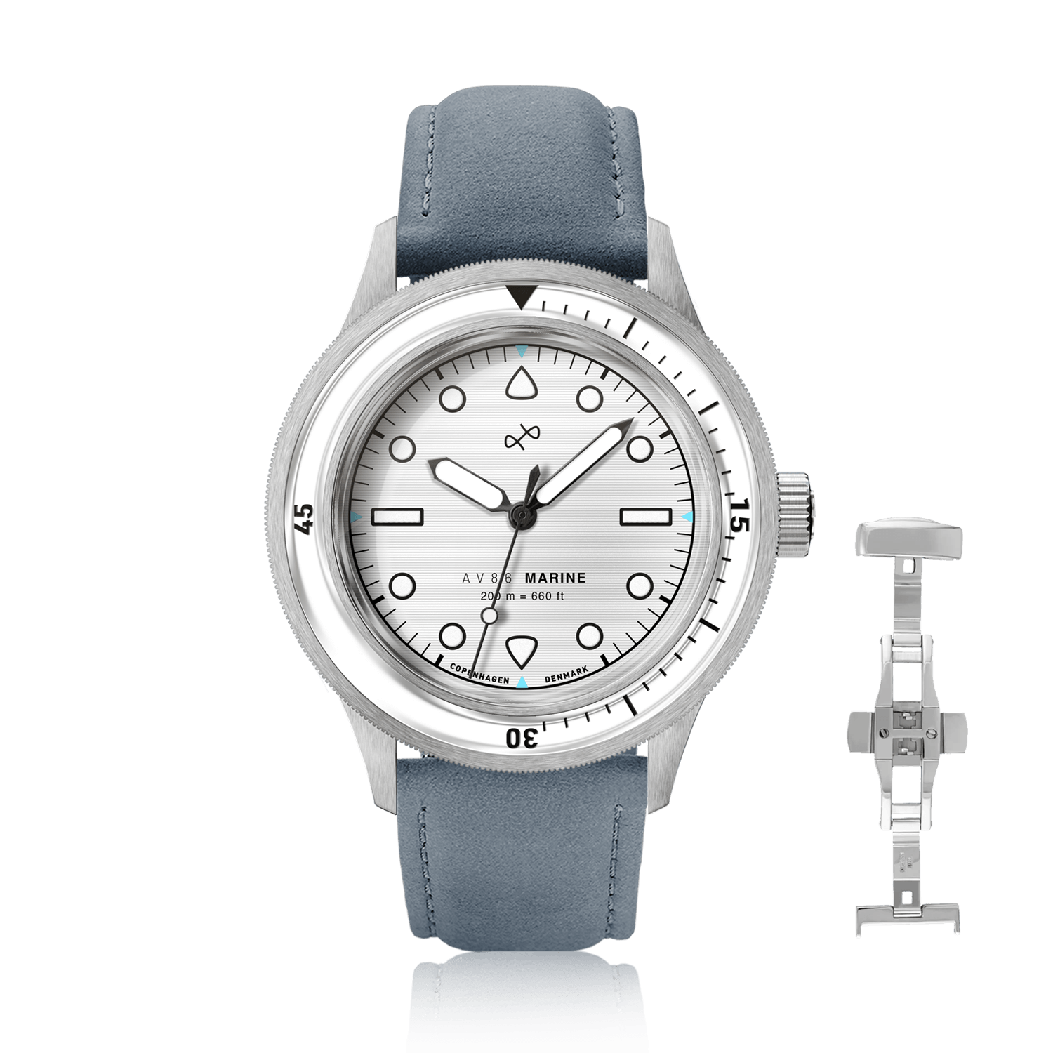 1956 Marine by AV86 vintage-inspired diver with sapphire crystal, rotating bezel, and leather strap with deployment clasp