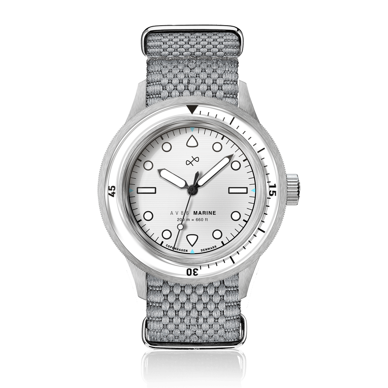 1956 Marine by AV86 vintage-inspired diver with sapphire crystal, unidirectional bezel, and woven fabric strap