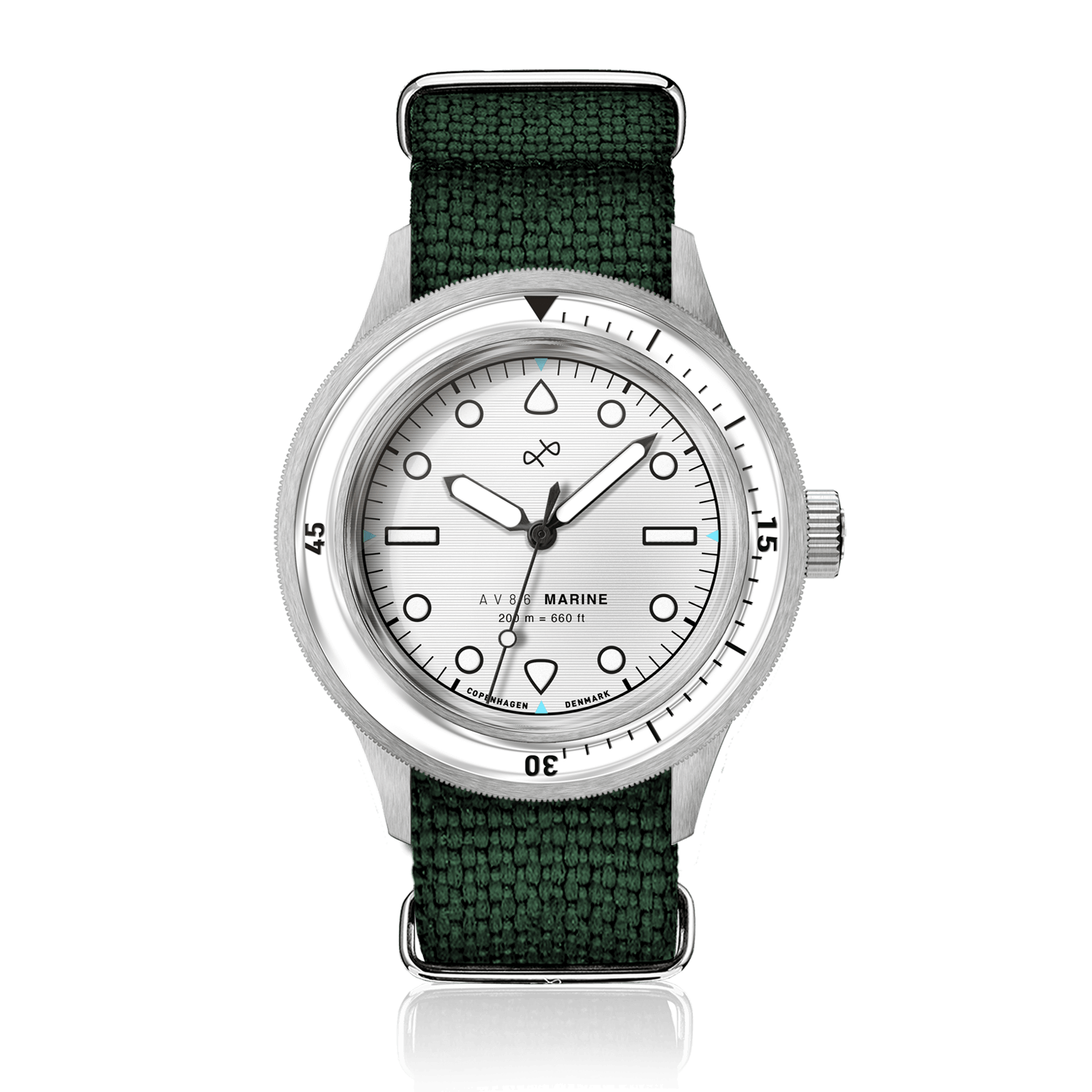 1956 Marine by AV86 diver watch with vintage-inspired dial, sapphire crystal, rotating bezel, and textured fabric strap