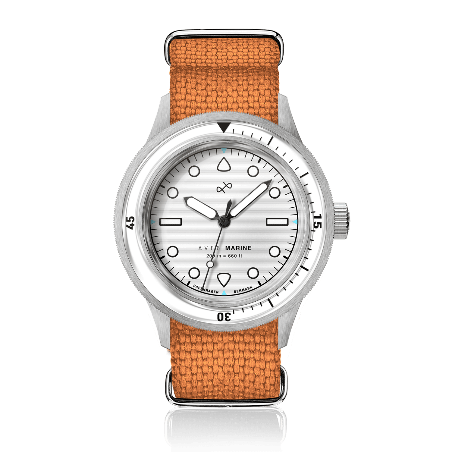 1956 Marine by AV86 vintage-inspired diver with sapphire crystal, compass bezel, and textured fabric strap