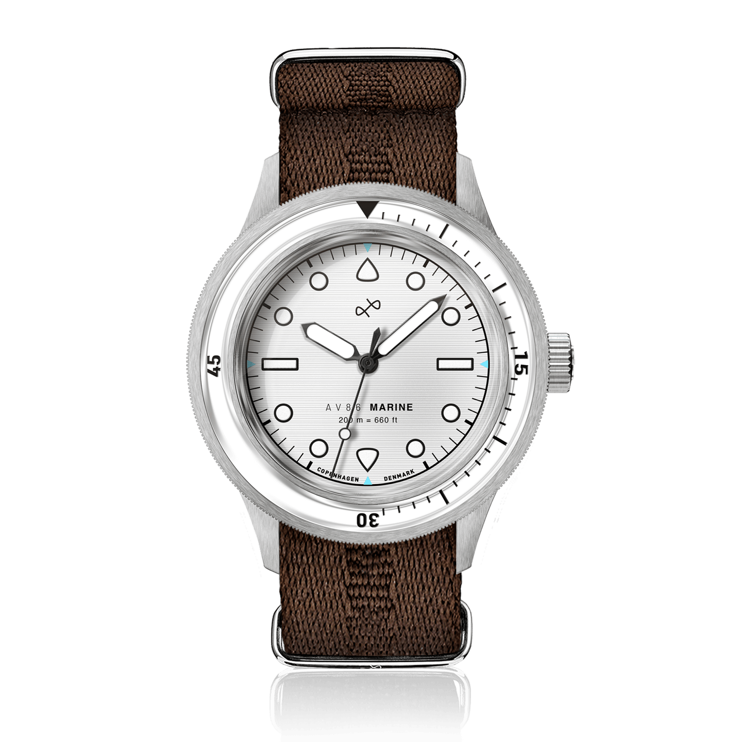 1956 Marine by AV86 luxury dive watch with vintage-inspired dial, sapphire crystal, rotating bezel, and durable fabric strap