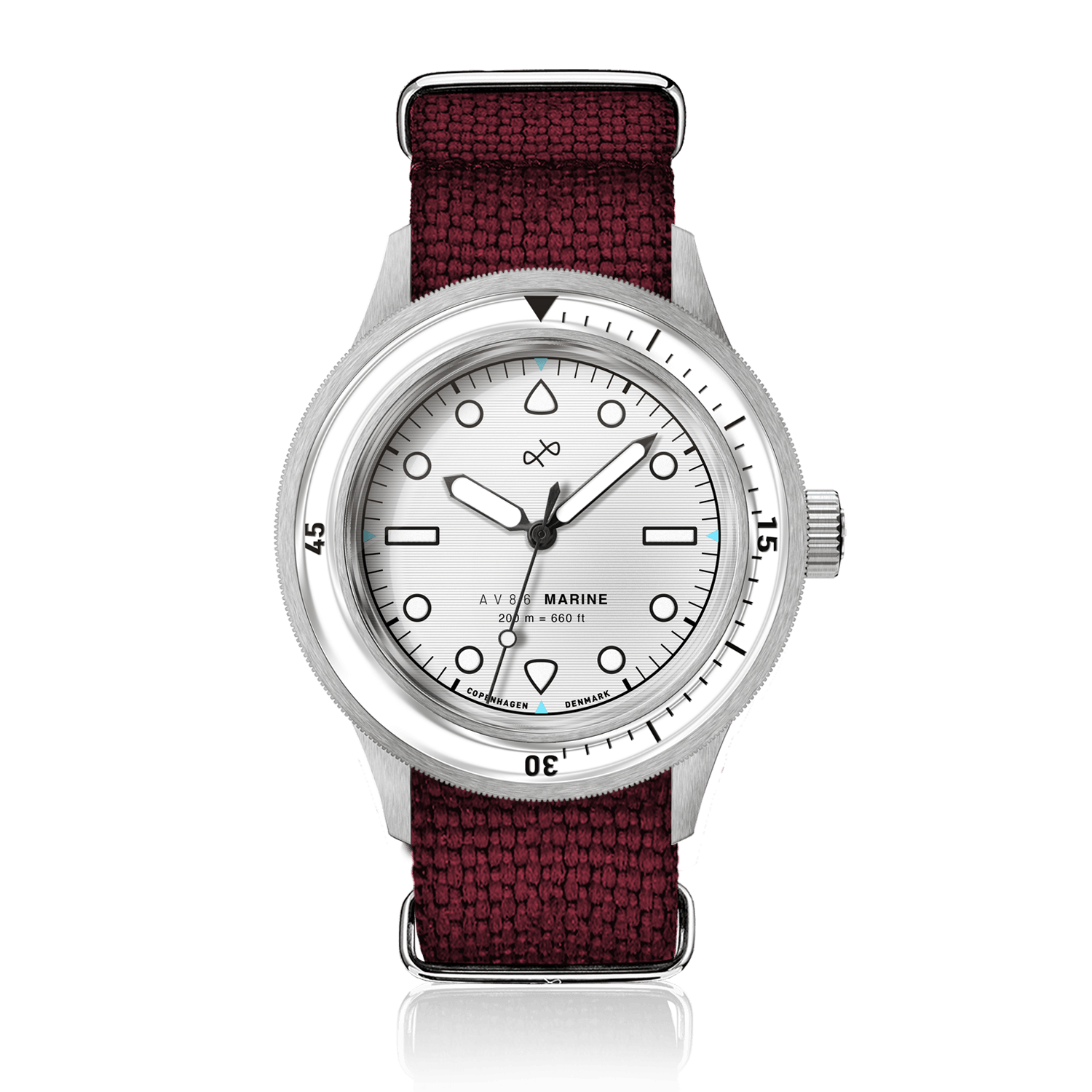 1956 Marine by AV86 vintage-inspired diver with sapphire crystal, rotating bezel, and woven fabric strap
