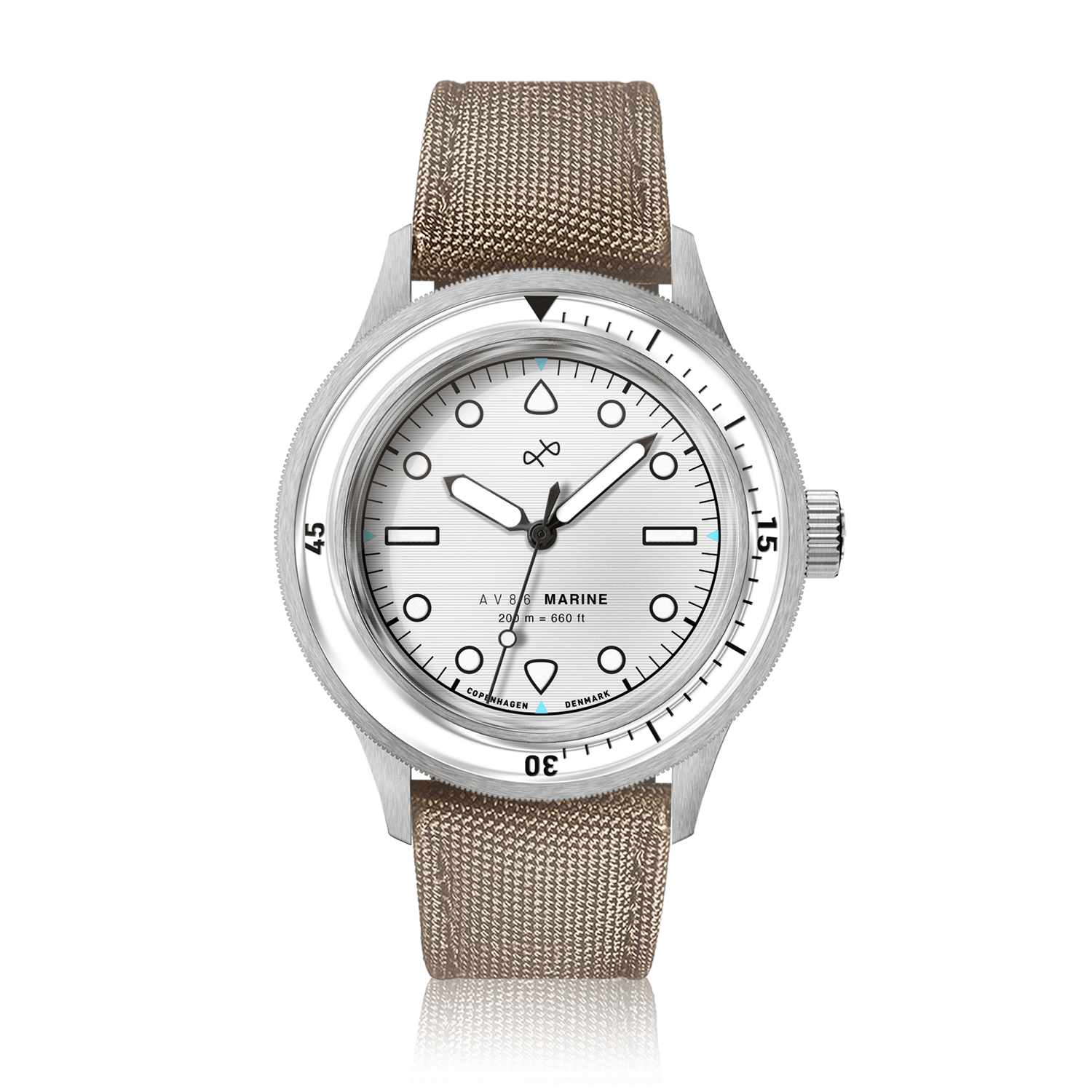 1956 Marine by AV86 vintage-inspired diver with sapphire crystal, rotating bezel, dial markers, and textured fabric strap