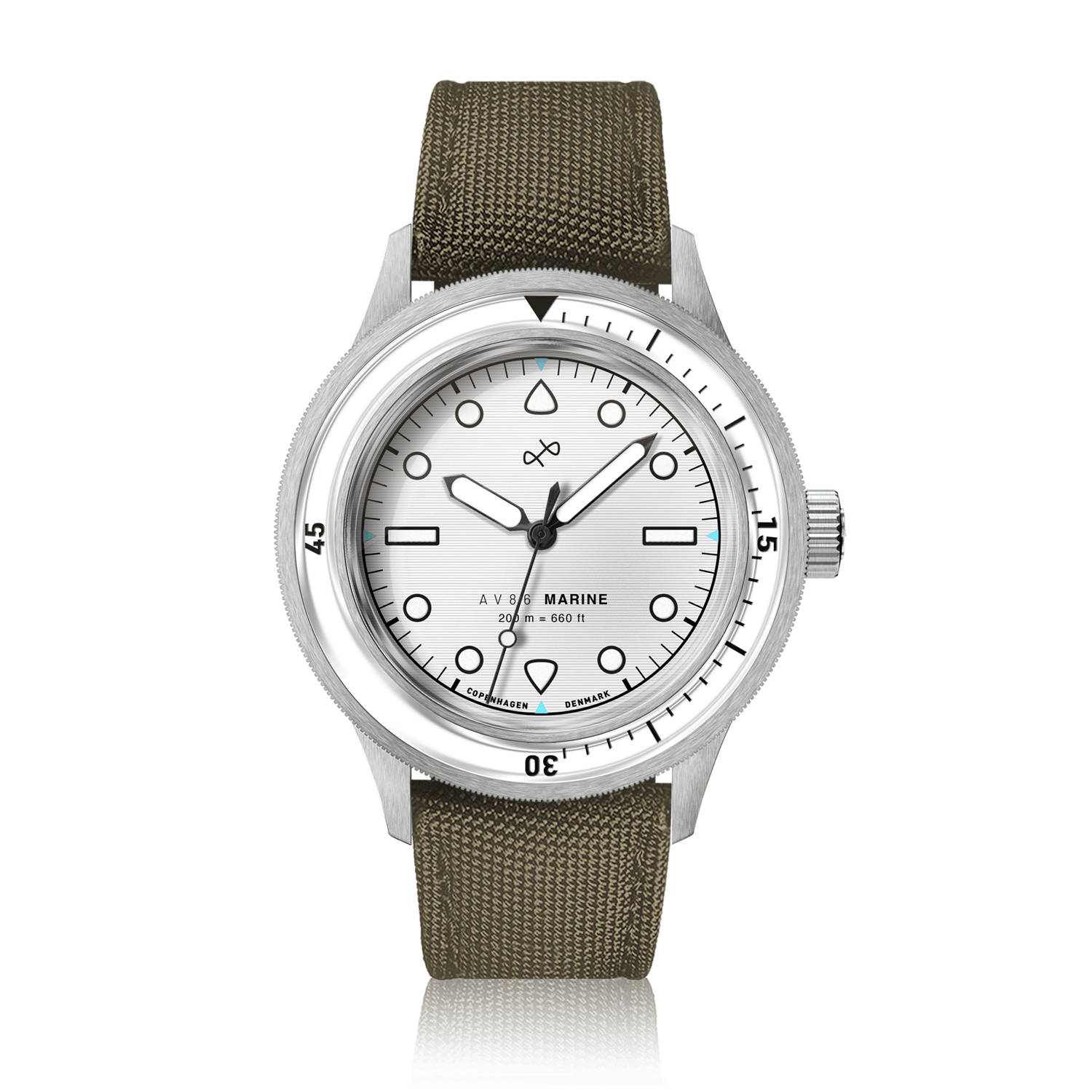 1956 Marine by AV86 vintage-inspired diver with sapphire crystal, rotating bezel, and durable fabric strap