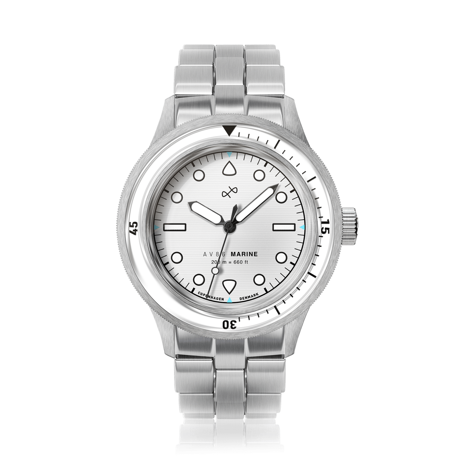 1956 Marine by AV86 luxury vintage-inspired diver watch with sapphire crystal, rotating bezel, and brushed metal bracelet strap