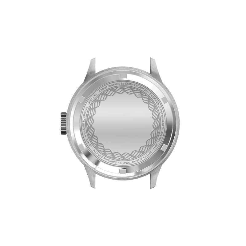 1956 Marine Automatic by AV86 with stainless steel case back, engraved detailing, and sapphire crystal protection