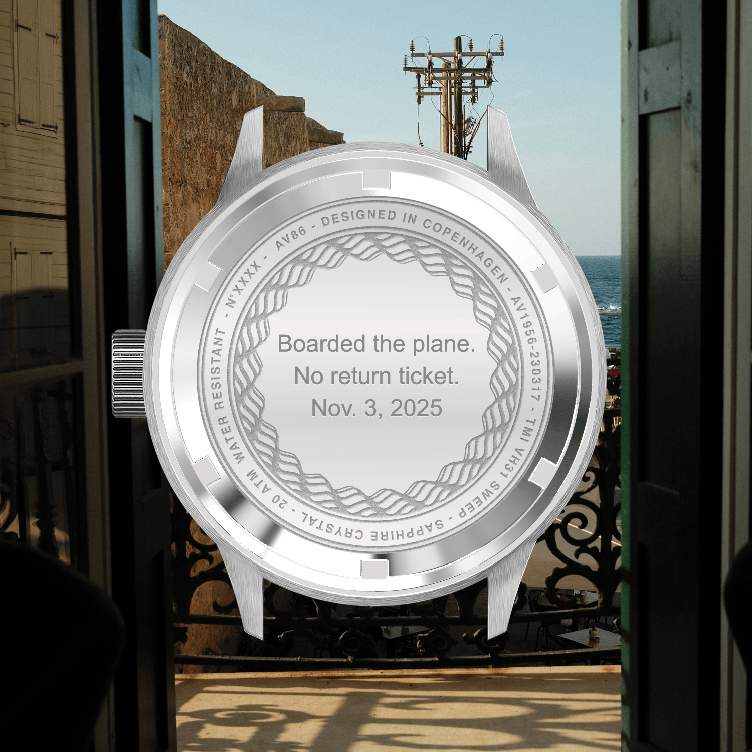 VB86 watch back engraving with travel inscription, sapphire crystal, 3 ATM water-resistant, designed in Copenhagen by AV86