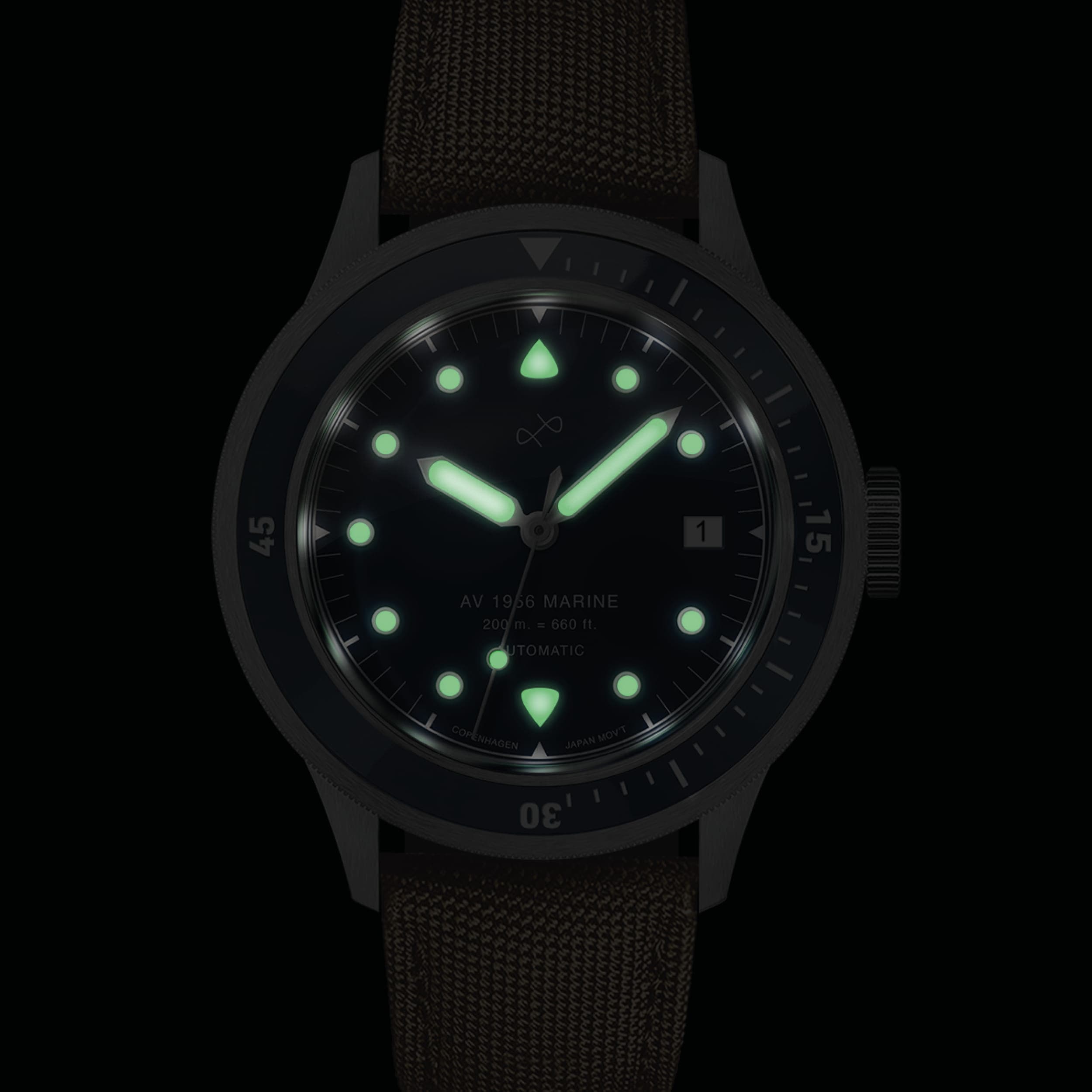 1956 Marine Automatic, Steel / Blue with luminous hands and markers, featuring vintage-inspired design by AV86.