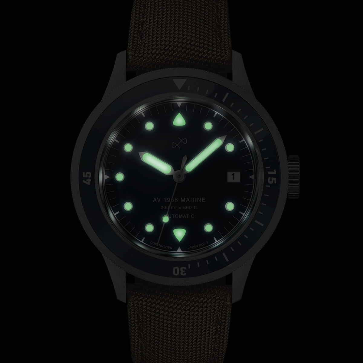 1956 Marine Automatic, Steel / Blue with luminous hands and markers, featuring vintage-inspired design by AV86.