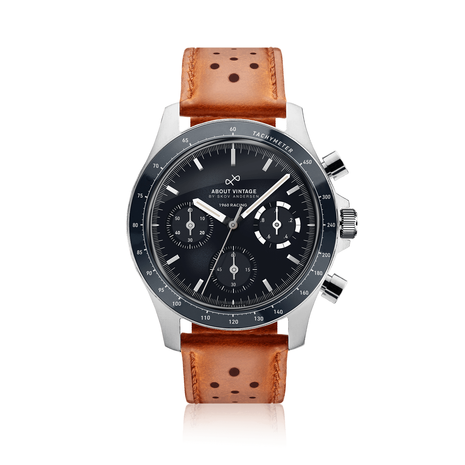 1960 Racing Chronograph by AV86 with vintage-inspired dial, sapphire crystal, tachymeter bezel, and perforated brown leather strap
