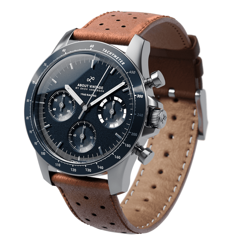 1960 Racing Chronograph by AV86 with vintage-inspired dial, sapphire crystal, tachymeter bezel, and perforated brown leather strap