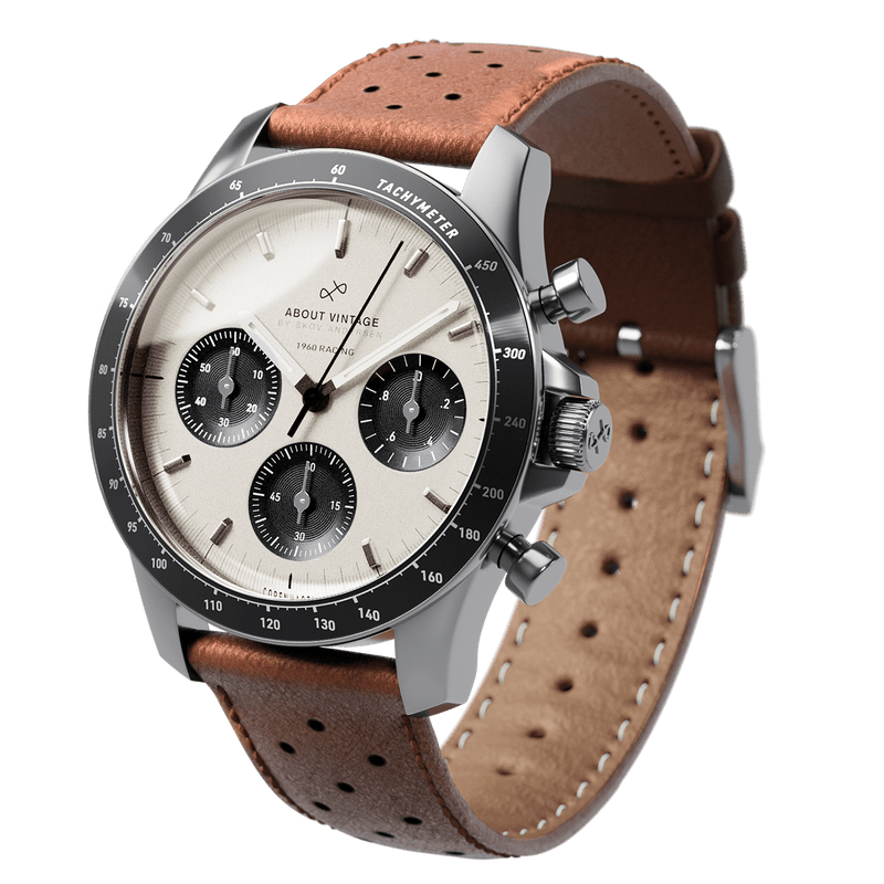 1960 Racing Chronograph by AV86 with vintage-inspired dial, tachymeter bezel, sapphire crystal, and perforated leather strap