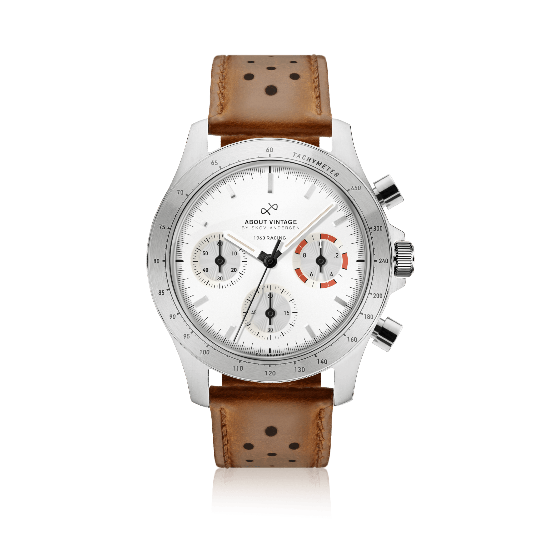 1960 Racing Chronograph by AV86 with vintage-inspired dial, sapphire crystal, tachymeter bezel, and perforated brown leather strap