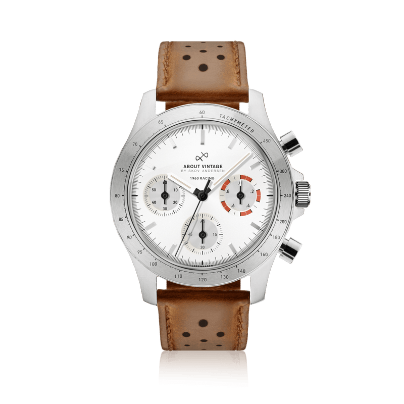1960 Racing Chronograph by AV86 with vintage-inspired dial, sapphire crystal, tachymeter bezel, and perforated brown leather strap