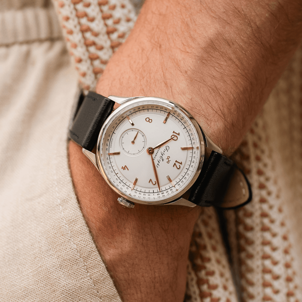1968 Mechanical by AV86 vintage-inspired automatic watch with sapphire crystal, rose gold accents, and black leather strap