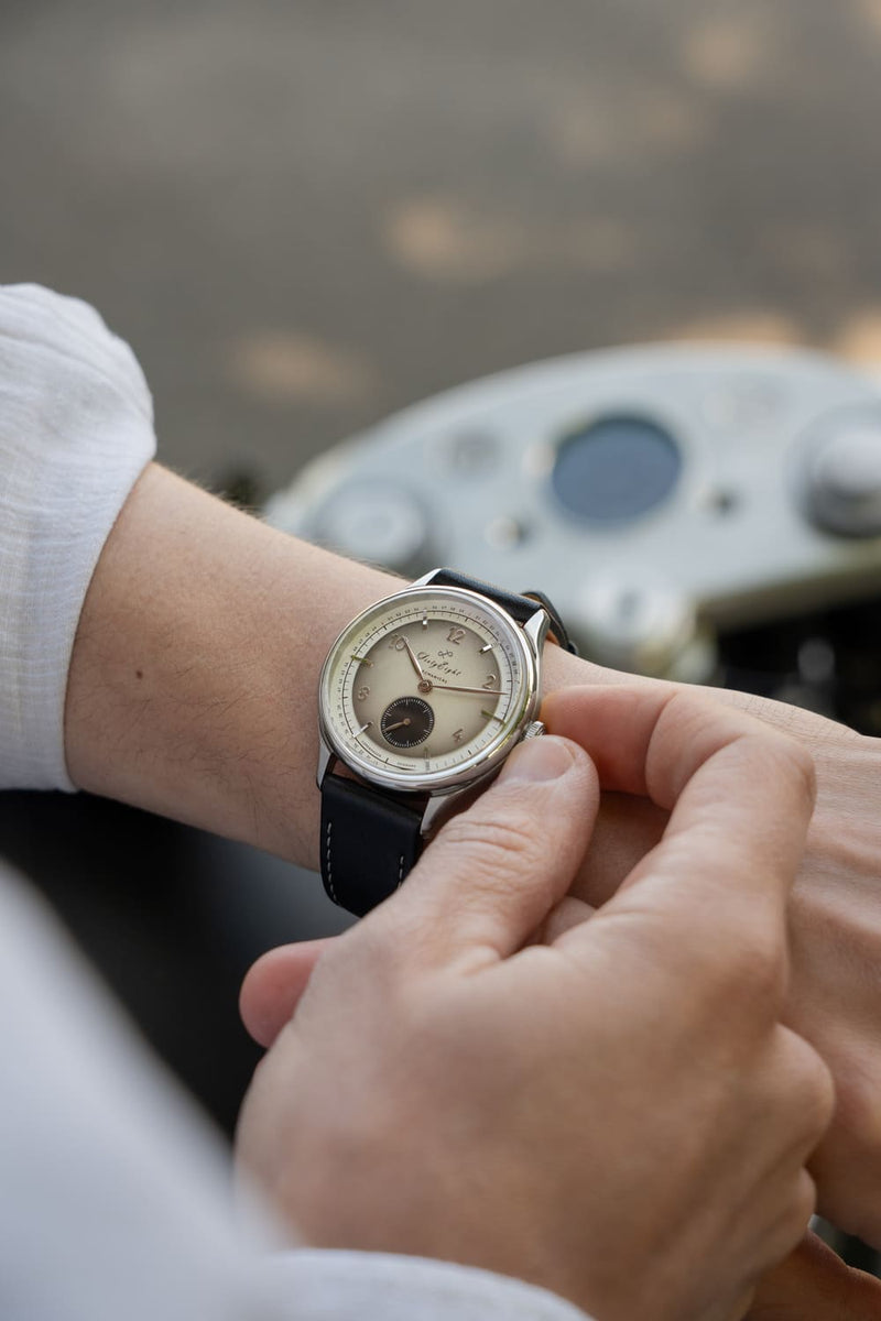 1968 Mechanical (Hand-Wound) by AV86 vintage-inspired dress watch with domed crystal, small seconds subdial, and black leather strap