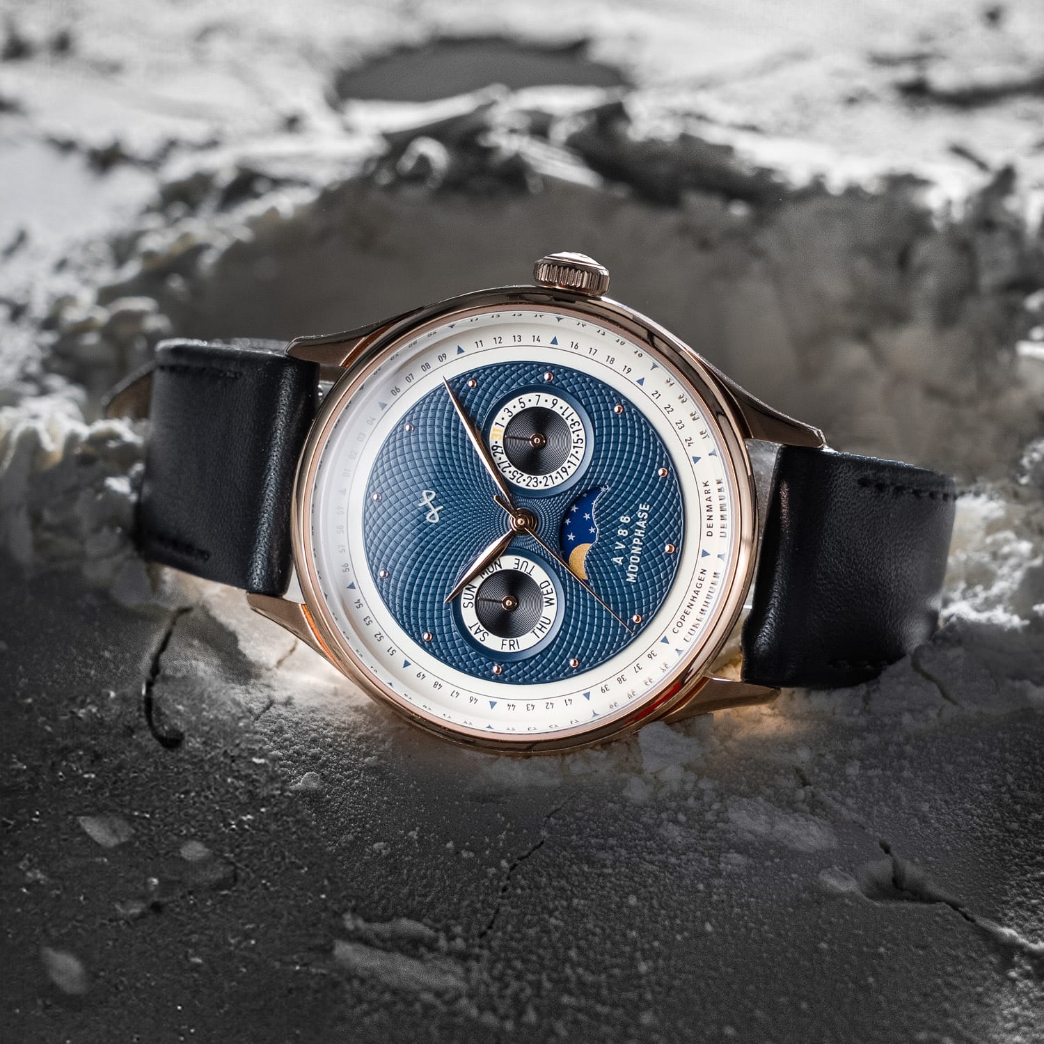 1968 Moonphase by AV86 luxury moonphase watch with sapphire crystal, guilloché dial, and black leather strap