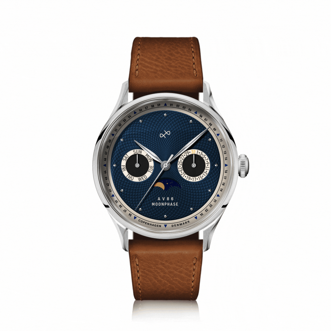 VB Kong Hans Eg Limited Edition by AV86 moonphase automatic with sapphire crystal, textured dial, and brown leather strap