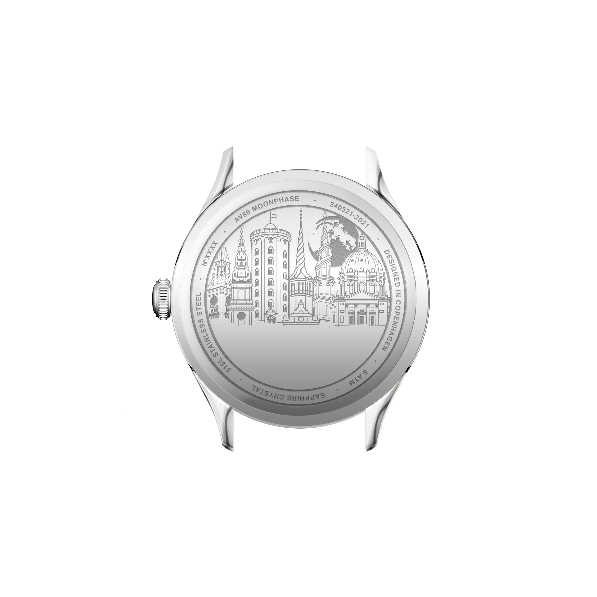 1968 Moonphase by AV86 with engraved stainless steel case back featuring Copenhagen skyline, sapphire crystal, 5 ATM water resistance