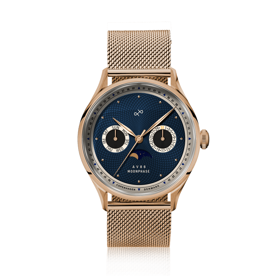 1968 Moonphase by AV86 luxury Moonphase watch with sapphire crystal, textured dial, rose gold case, and mesh bracelet strap