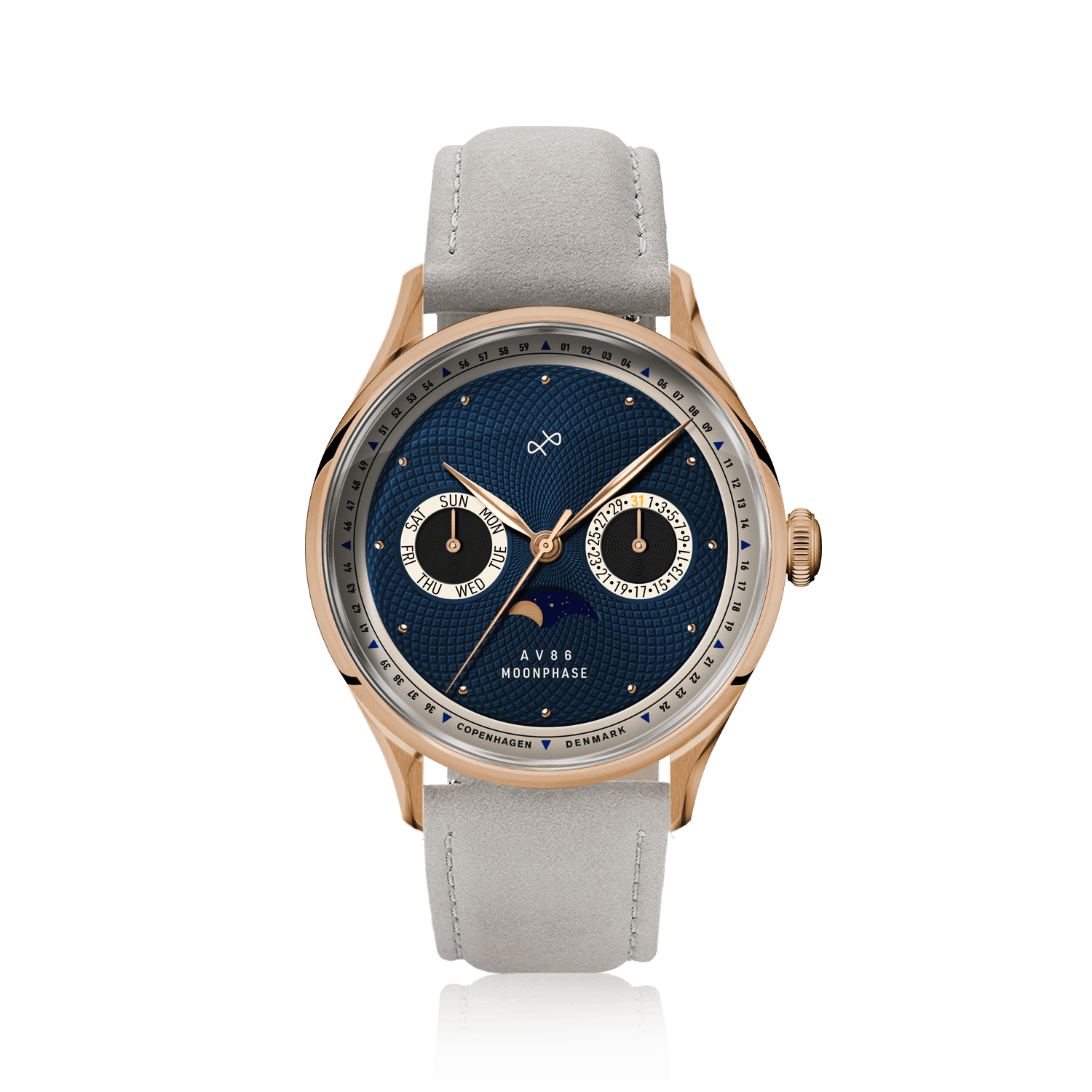 1968 Moonphase, Rose Gold / Dark Blue by AV86 luxury Moonphase with sapphire crystal, moonphase complication, gold case, and light leather strap