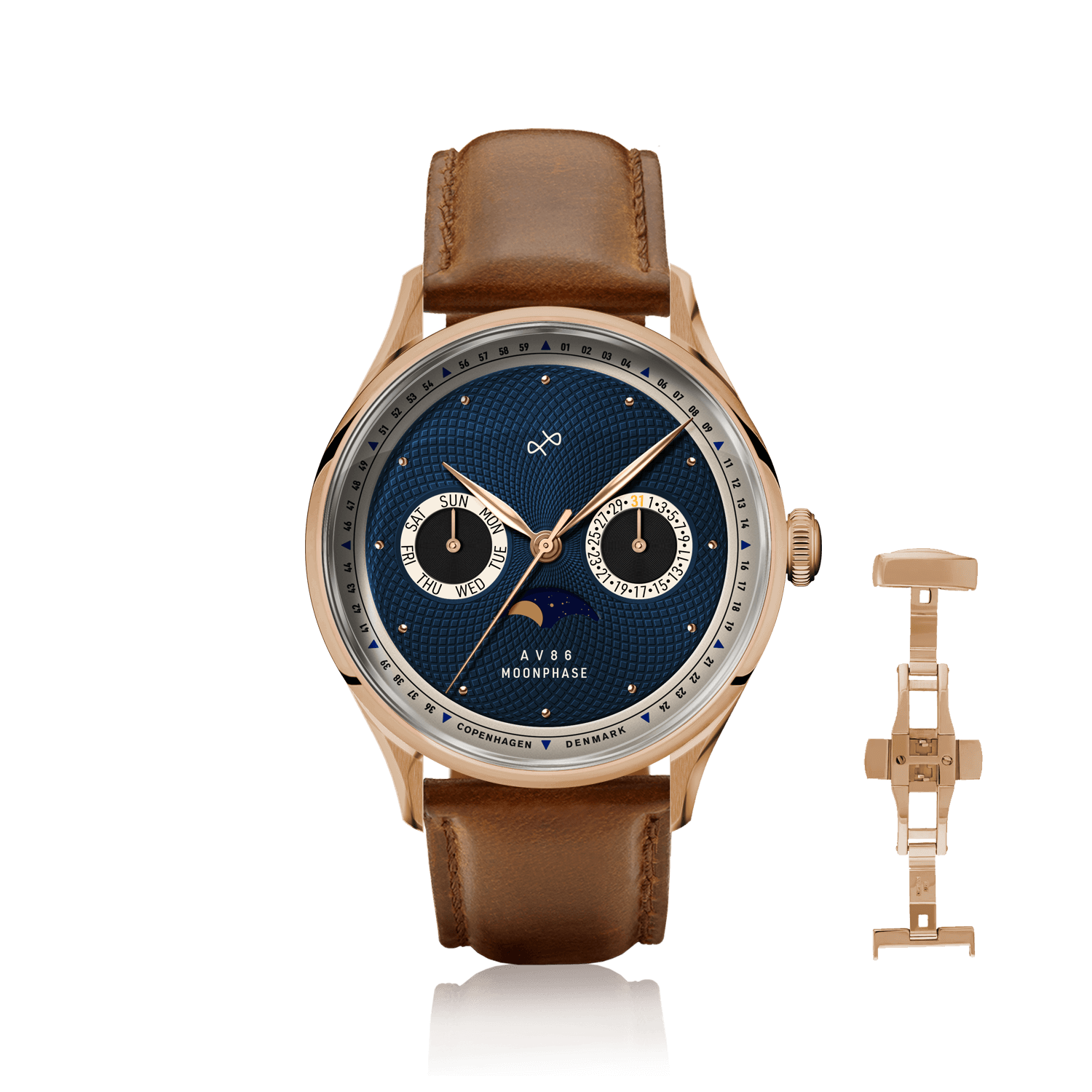 1968 Moonphase, Rose Gold / Dark Blue by AV86 vintage-inspired moonphase watch with sapphire crystal and brown leather strap