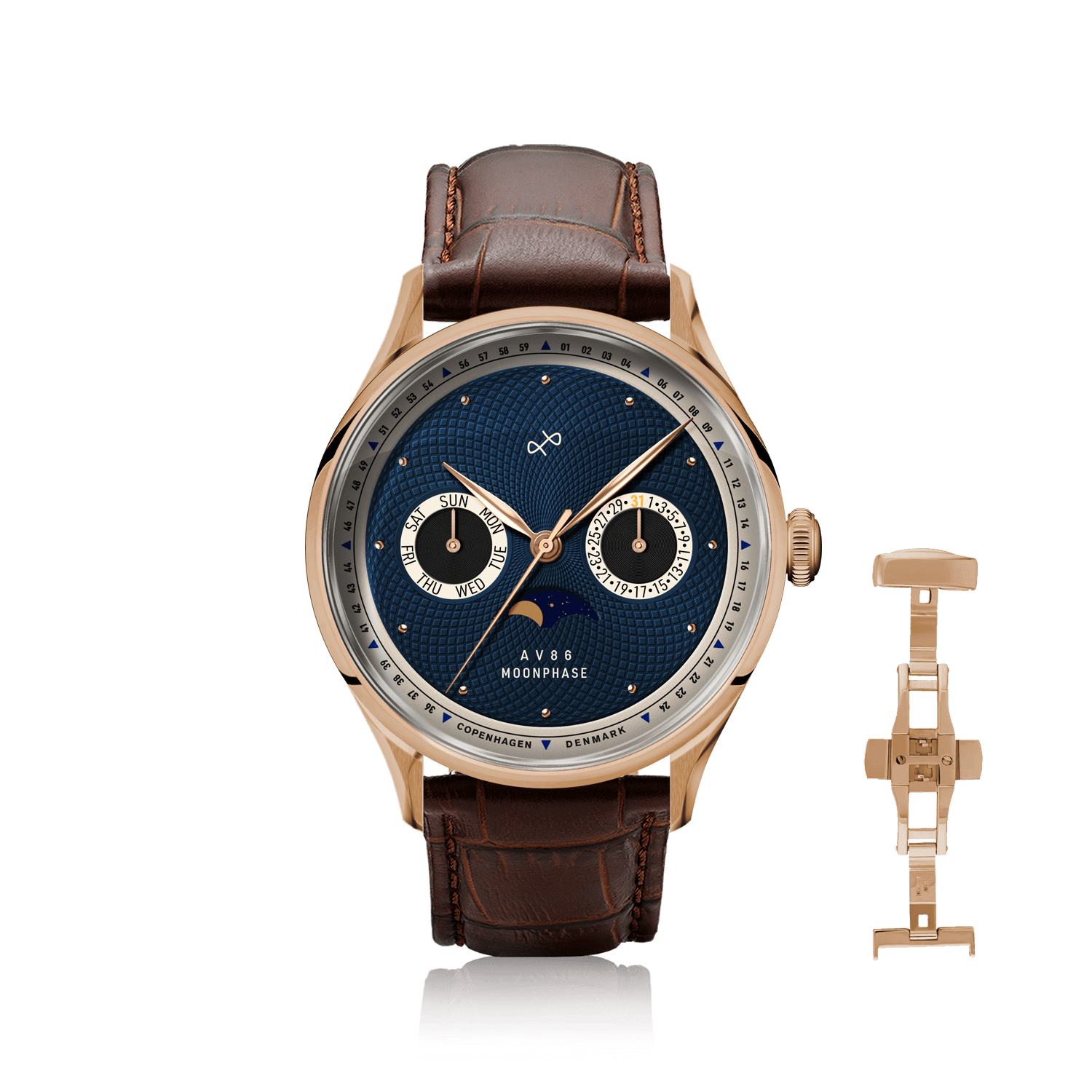 1968 Moonphase by AV86 luxury moonphase watch with sapphire crystal, vintage-inspired dial, and brown leather strap with deployant clasp