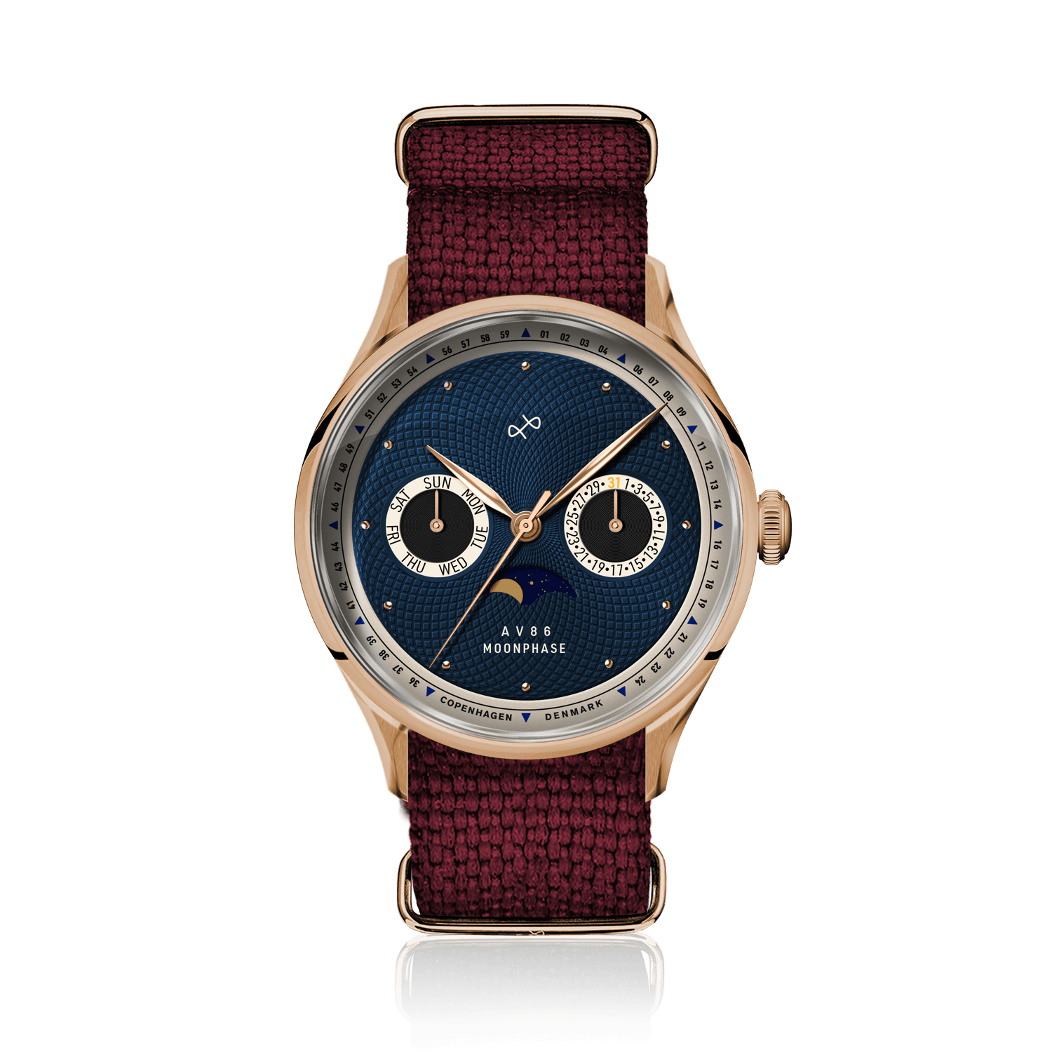 1968 Moonphase, Rose Gold / Dark Blue by AV86 moonphase watch with sapphire crystal, vintage dial, and textured fabric strap