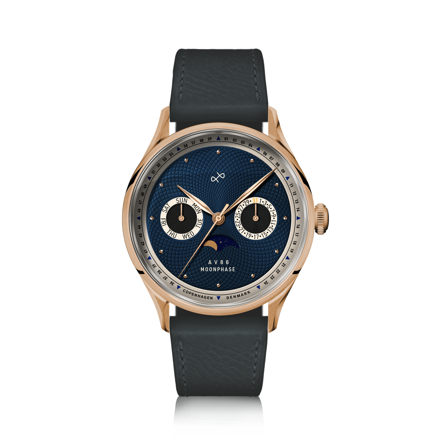 1968 Moonphase, Rose Gold / Dark Blue by AV86 luxury moonphase watch with sapphire crystal, leather strap, and vintage-inspired dial