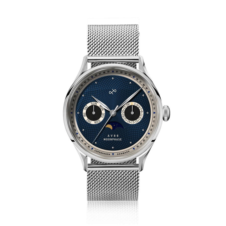 1968 Moonphase by AV86 luxury moonphase watch with sapphire crystal, mesh metal strap, and vintage-inspired deep blue dial