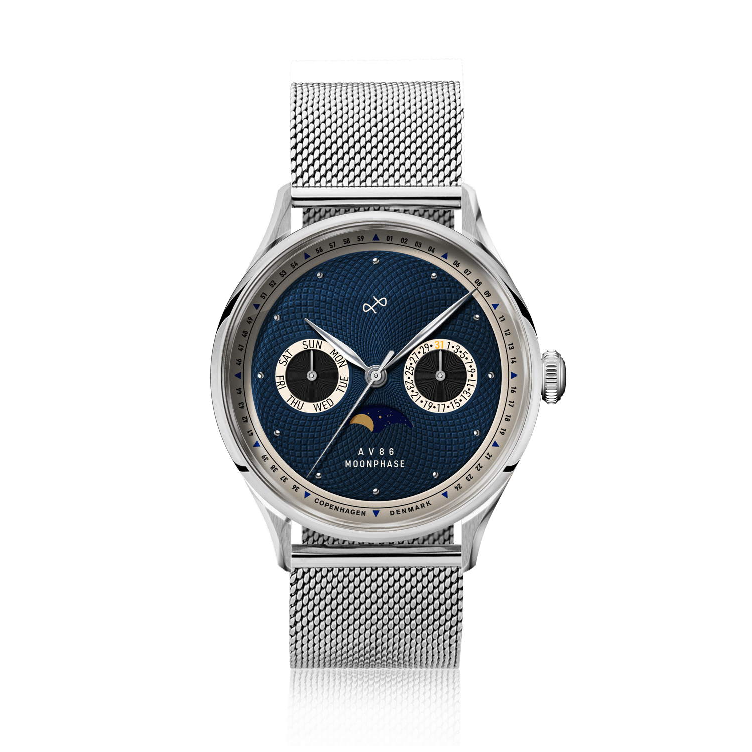 1968 Moonphase by AV86 luxury moonphase watch with sapphire crystal, mesh metal strap, and vintage-inspired deep blue dial