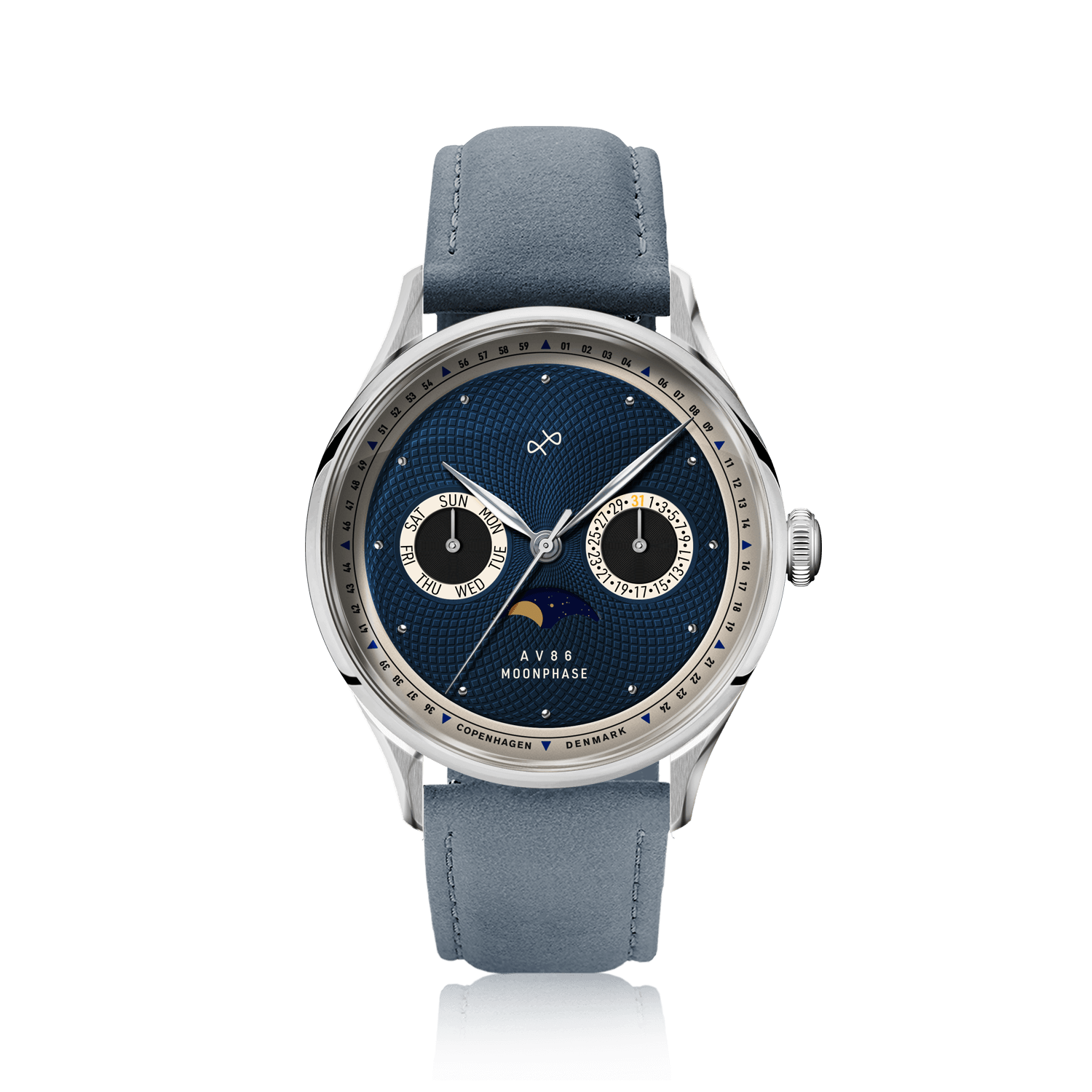 1968 Moonphase by AV86 luxury moonphase watch with sapphire crystal, textured dial, moonphase subdial, and leather strap