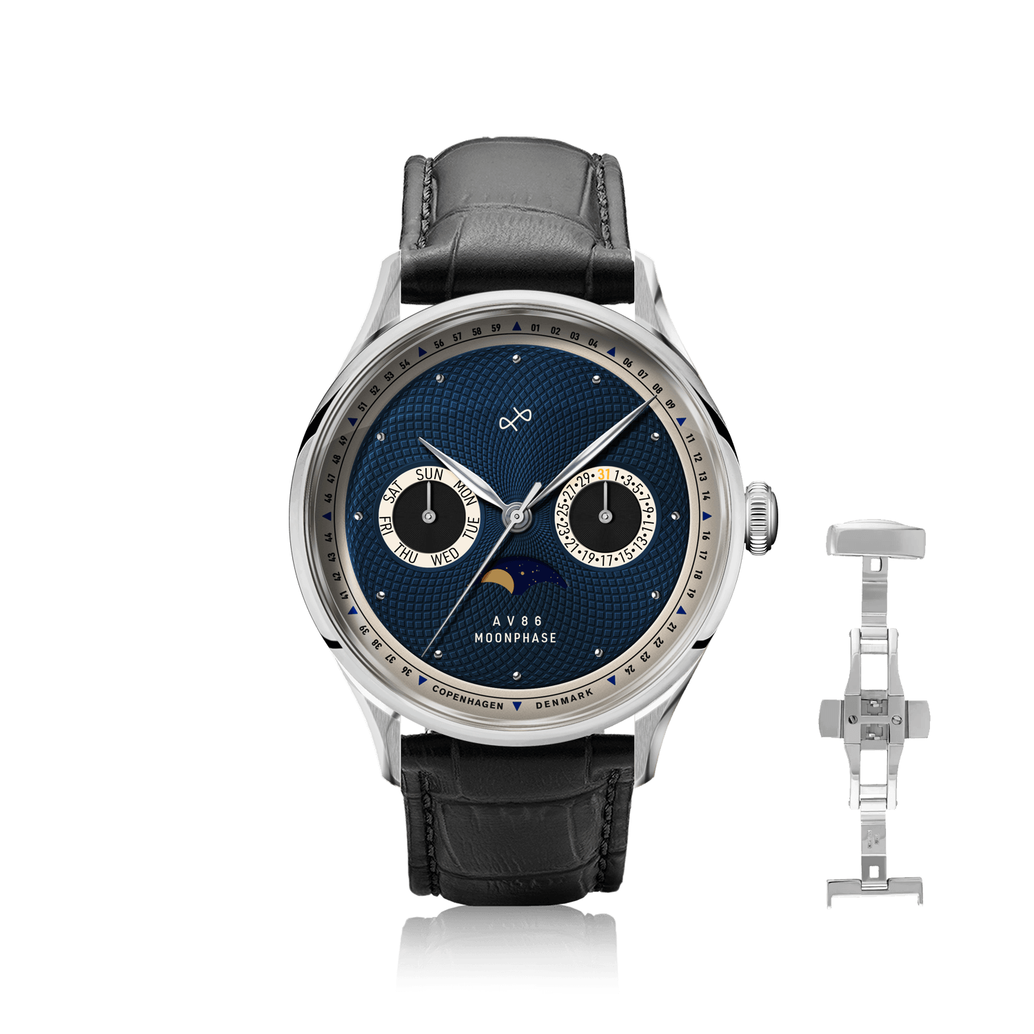 1968 Moonphase by AV86 luxury moonphase watch with sapphire crystal, textured blue dial, and black leather strap