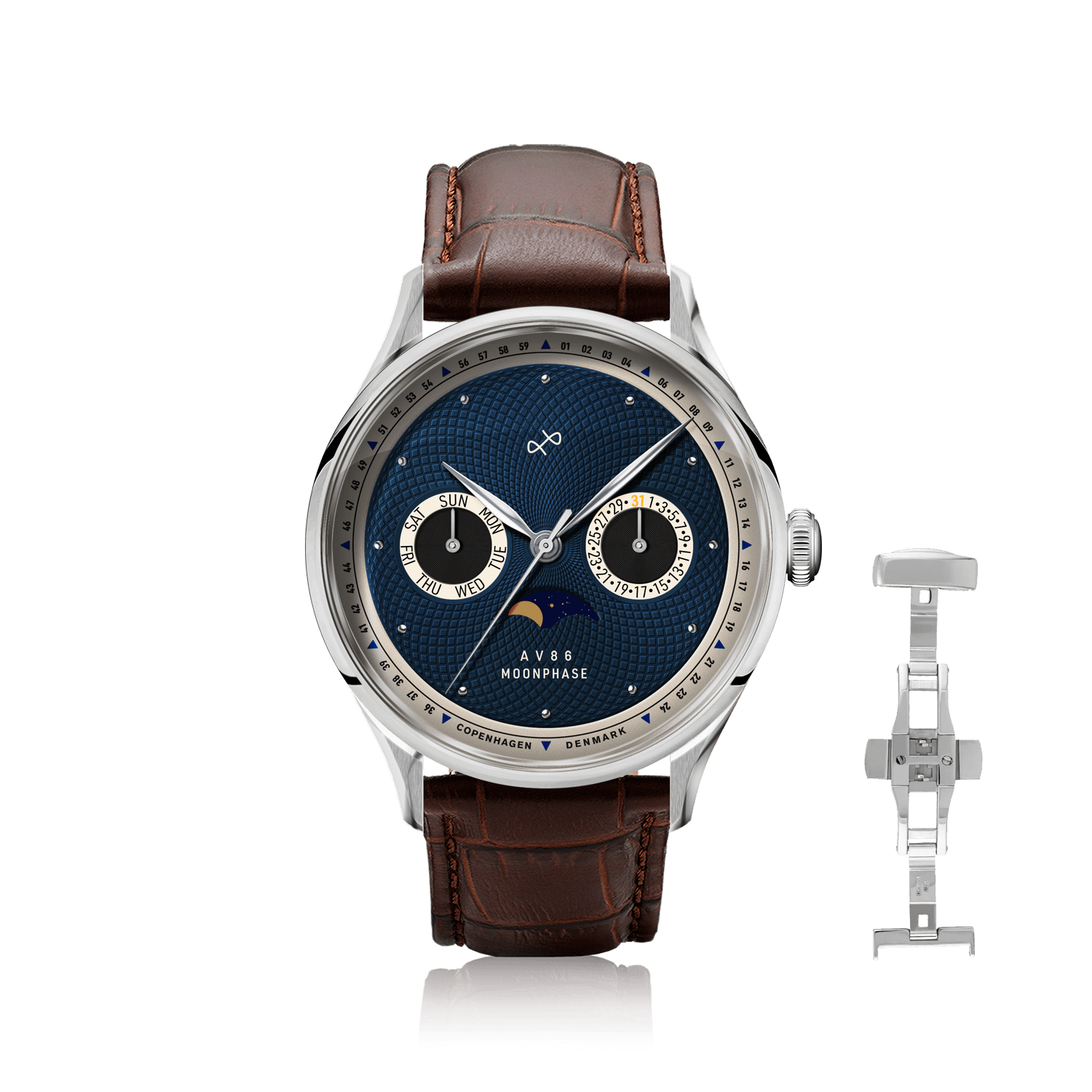 1968 Moonphase by AV86 luxury moonphase watch with sapphire crystal, vintage-inspired dial, and brown leather strap