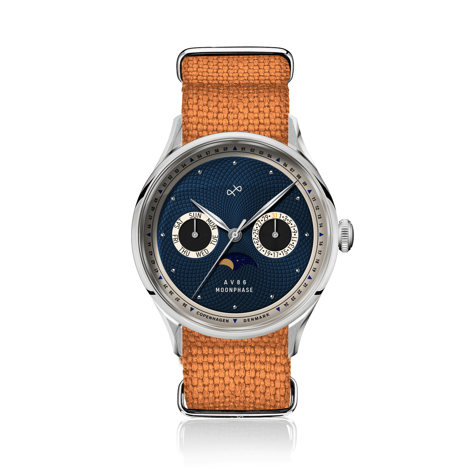 1968 Moonphase by AV86 luxury moonphase watch with sapphire crystal, textured dial, and tan fabric strap in Nordic minimalist style