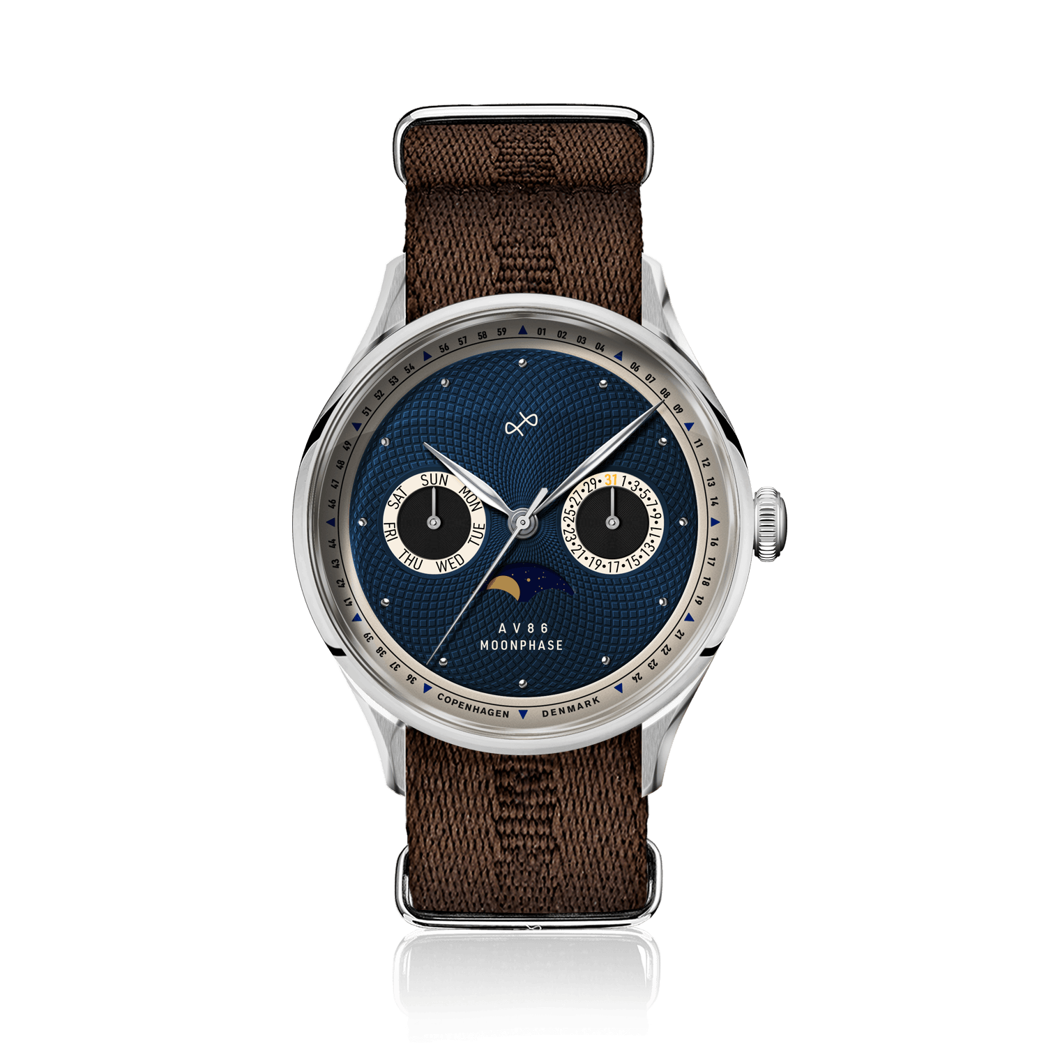 1968 Moonphase by AV86 with vintage-inspired moonphase dial, sapphire crystal, and brown textured fabric strap
