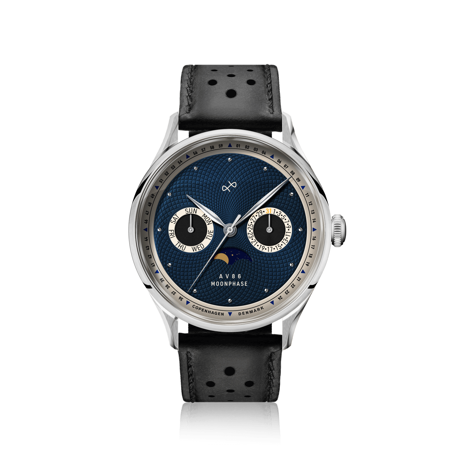 1968 Moonphase by AV86 luxury moonphase watch with sapphire crystal, textured dial, and perforated black leather strap