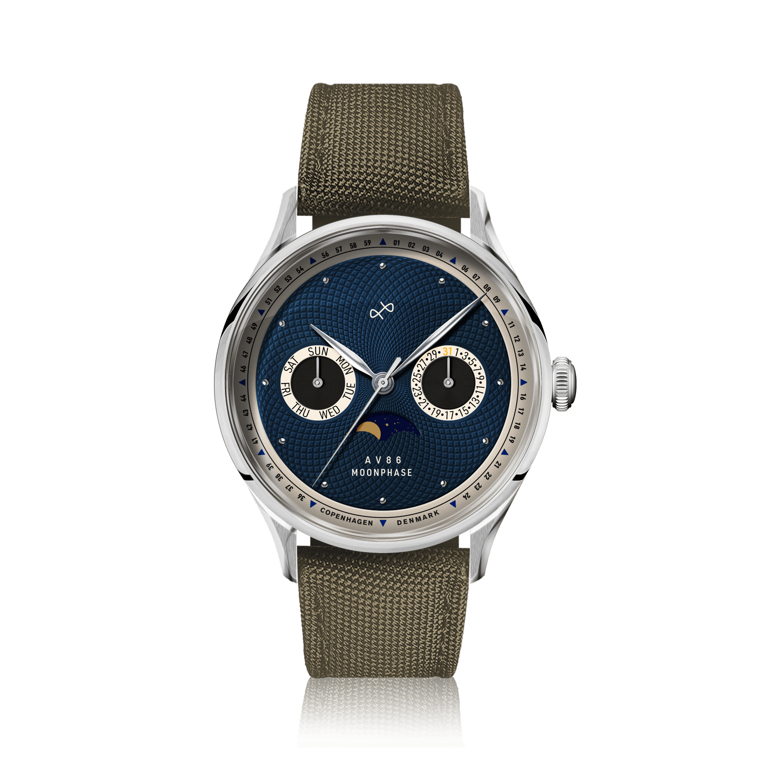 1968 Moonphase by AV86 luxury moonphase watch with sapphire crystal, moonphase dial, and textured fabric strap
