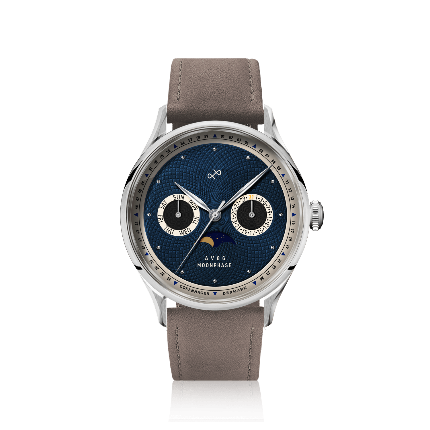 1968 Moonphase by AV86 luxury moonphase watch with sapphire crystal, textured blue dial, and taupe leather strap