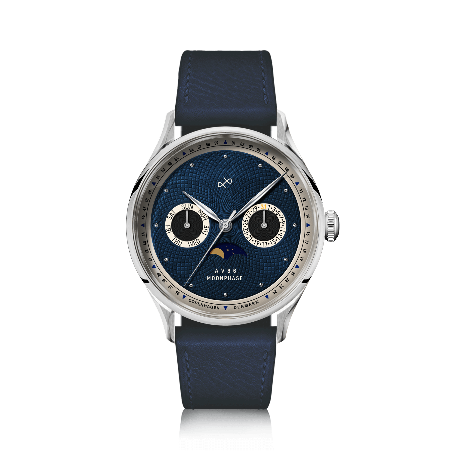 1968 Moonphase by AV86 luxury Moonphase watch with sapphire crystal, textured blue dial, date and day subdials, and leather strap